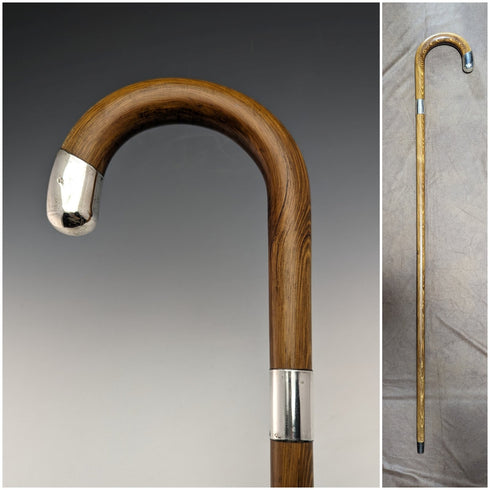 1926 British Vintage Men's Cane Sterling Silver Decoration Wood Grain Brown Shaft 92.5cm